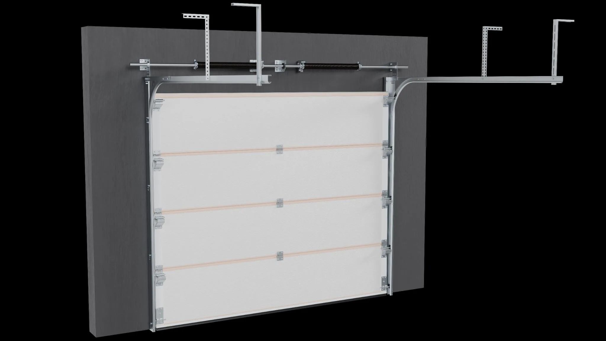 Inside view of a sectional door with torsion springs, curved tracks, panel hinges and overhead support brackets